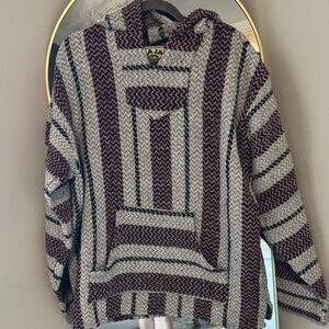 Striped Hooded Baja Sweater - Maroon & Cream